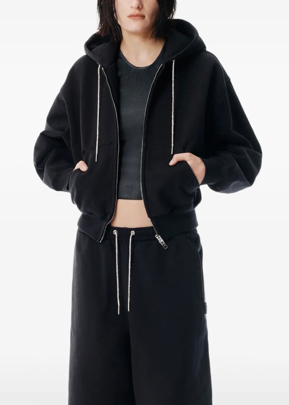 Alexander Wang Rhinestone-Drawcord Zip-Up Hoodie