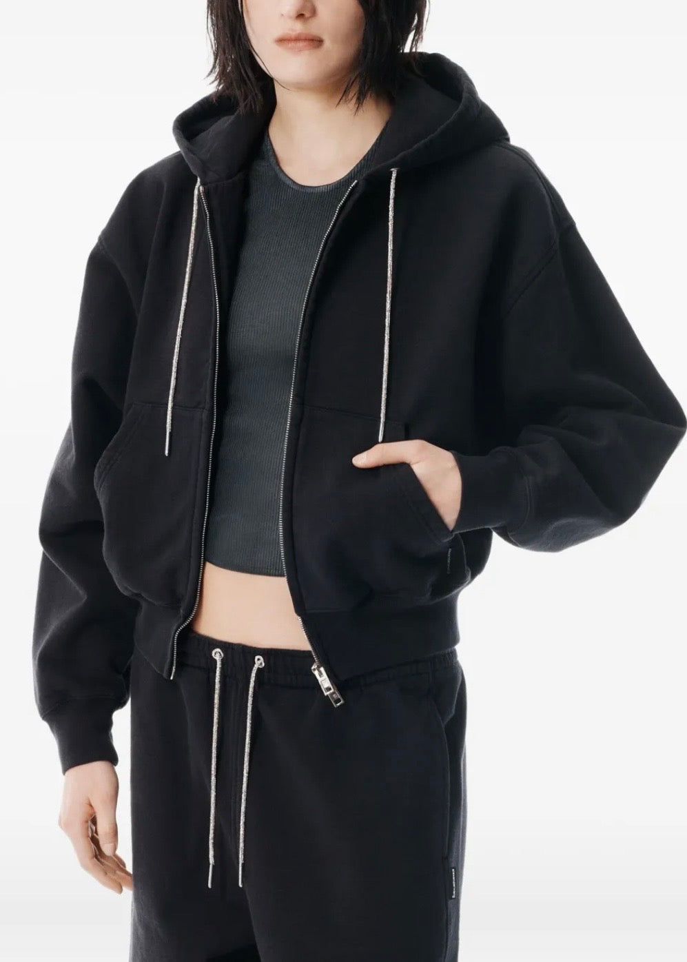 Alexander Wang Rhinestone-Drawcord Zip-Up Hoodie